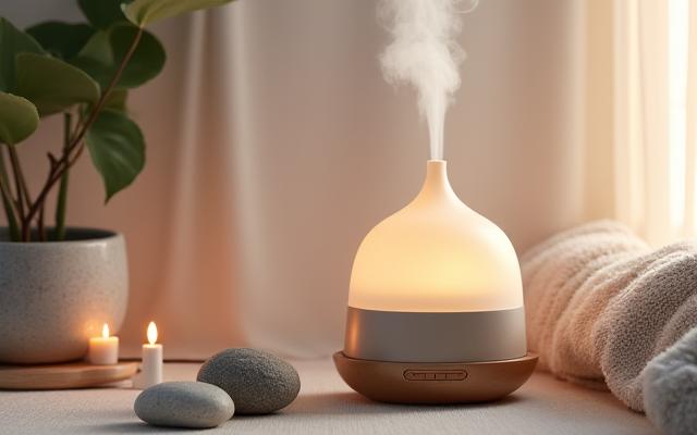 Diffuseur d'huiles essentielles avec des plantes apaisantes dans une pièce zen