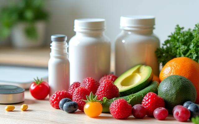 Aliments sains et compléments alimentaires sur une table de cuisine lumineuse
